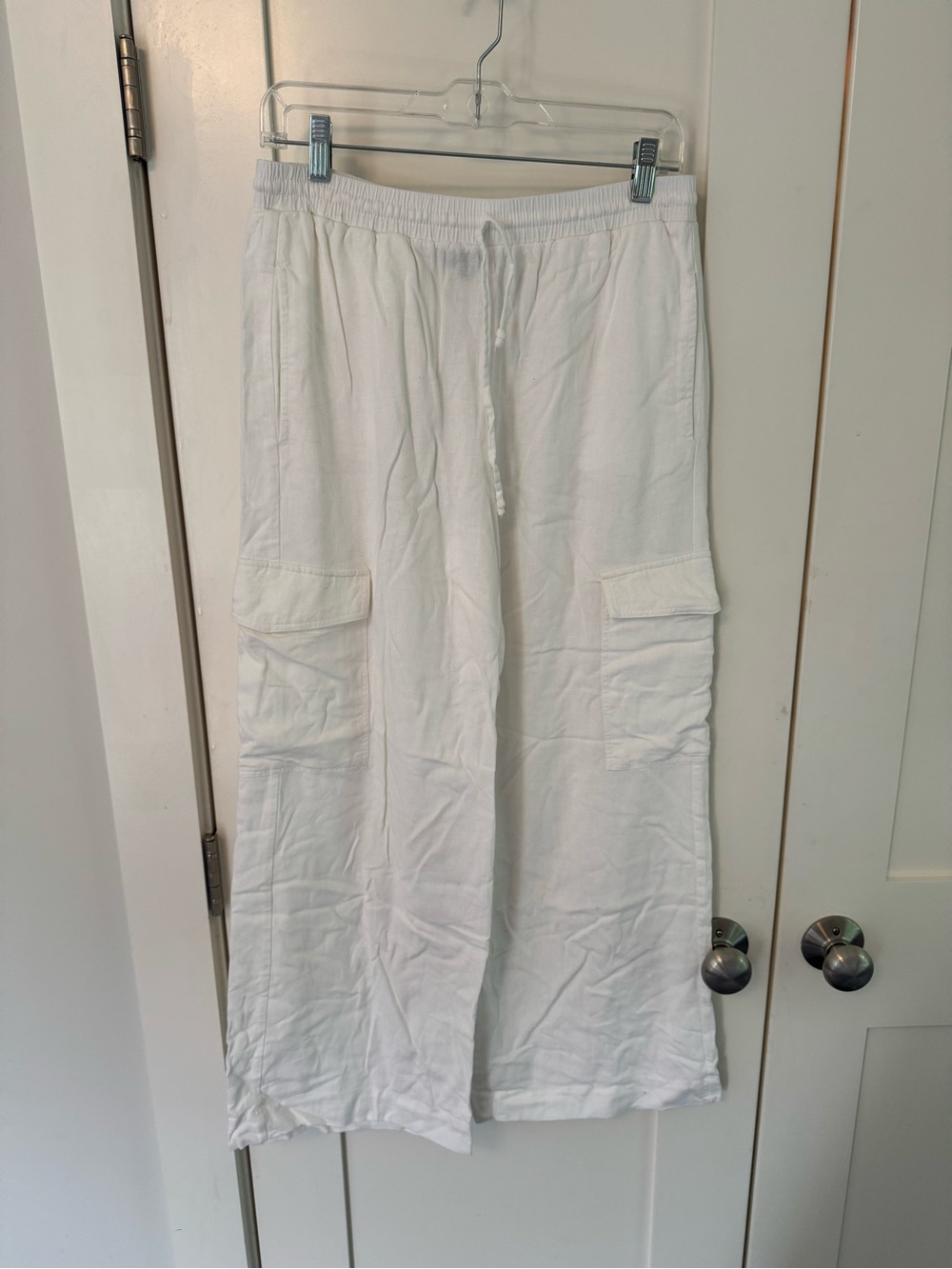 White Cargo Drawstring Linen Pants